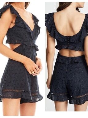 ASTR The Label Navy Blue Eyelet Cutout Romper Ruffle Cotton Size S